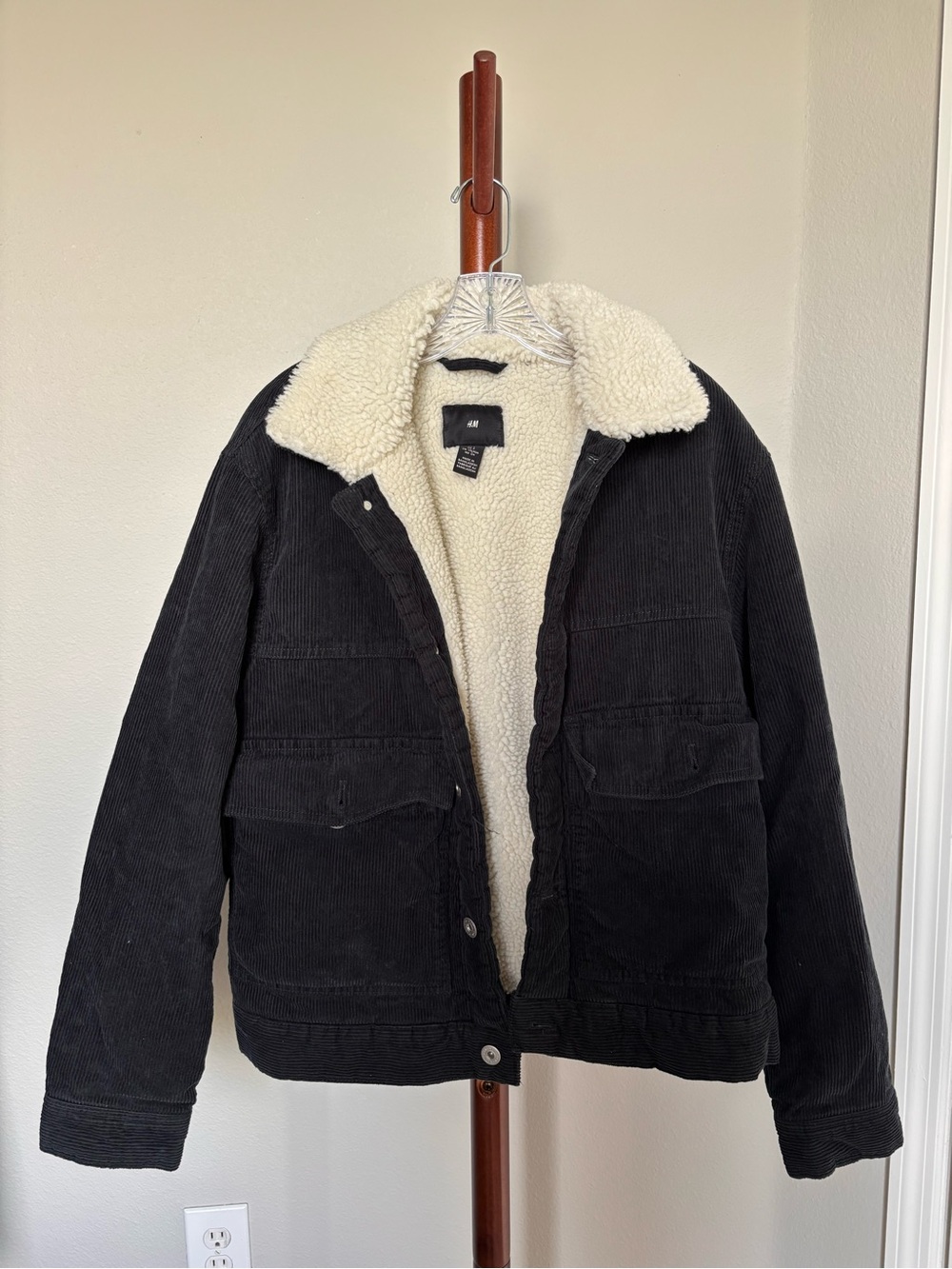 H&M Black Corduroy Sherpa-Lined Bomber Jacket